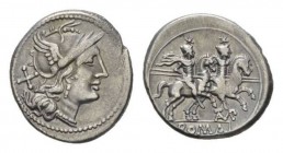 TAMP series. Denarius circa 194-190, AR 19mm., 3.86g. Helmeted head of Roma right; behind, X. Rev. The Dioscuri galloping right; below horses, TAMP li...