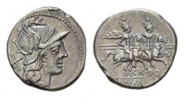 Cn. Domitius Ahenobarbus. Denarius circa 189-180, AR 17.5mm., 3.23g. Helmeted head of Roma right; behind, X. Rev. The Dioscuri galloping right; below,...