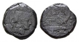 Q. Marius. Triens circa 189-180, Æ 22.5mm., 13.66g. Helmeted head of Minerva right; above, four pellets. Rev. Q·MARI Prow right; before, four pellets ...