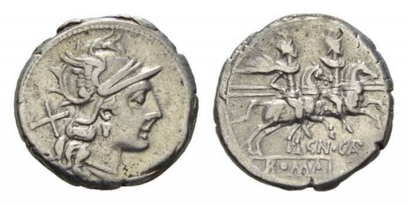 Cn. Calpurnius. Denarius circa 189-180, AR 19mm., 3.99g. Helmeted head of Roma r...