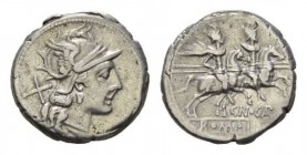 Cn. Calpurnius. Denarius circa 189-180, AR 19mm., 3.99g. Helmeted head of Roma right, behind, X. Rev. The Dioscuri galloping right; below, CN·CALP lig...