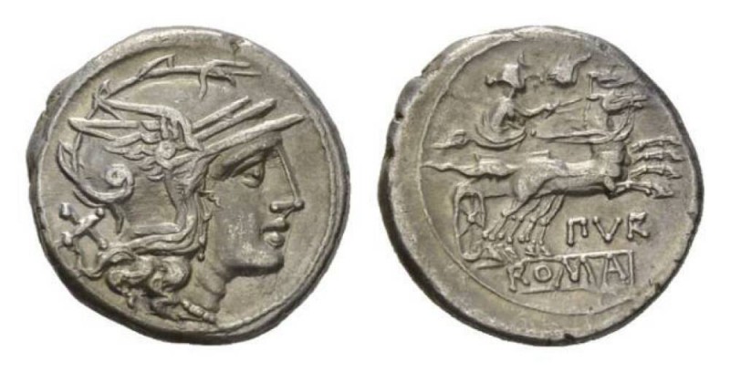 Furius Purpurio. Denarius circa 169-158, AR 18mm., 3.63g. Helmeted head of Roma ...