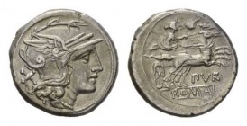 Furius Purpurio. Denarius circa 169-158, AR 18mm., 3.63g. Helmeted head of Roma right; behind, X. Rev. Luna in biga right; above, murex-shell and belo...