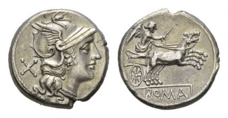 Anonymous issue. Denarius circa 157-156, AR 17.5mm., 3.97g. Helmeted head of Rom...