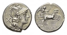 Anonymous issue. Denarius circa 157-156, AR 17.5mm., 3.97g. Helmeted head of Roma right; behind X. Rev. Victory in prancing biga right; in exergue, RO...