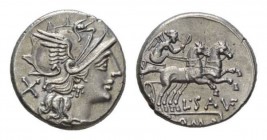 L. Saufeius. Denarius circa 152, AR 17.5mm., 3.97g. Helmeted head of Roma right; behind, X. Rev. Victory in prancing r.; below, L·SAVF and in exergue,...
