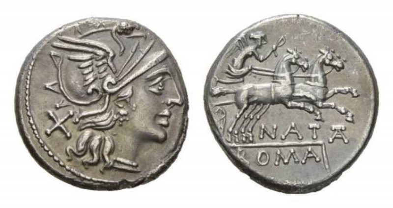 Pinarius Natta. Denarius circa 149, AR 18mm., 3.49g. Helmeted head of Roma right...