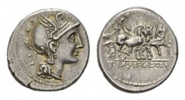T. Mal. And Ap. Cl. Denarius circa 111-110, AR 18mm., 4.01g. Helmeted head of Roma right; behind, quadrangular device. Rev. Victory in fast triga righ...