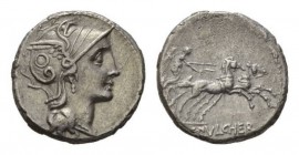 C. Claudius Pulcher. Denarius circa 110 or 109, AR 18mm., 3.20g. Helmeted head of Roma right, bowl decorated with annulet. Rev. Victory in biga right;...