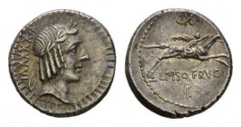 L. Piso Frugi. Denarius circa 90, AR 18.5mm., 3.92g. Laureate head of Apollo right; behind, XXXXVI. Rev. Naked horseman galloping right, holding whip;...