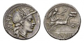 L. Rutilius Flaccus. Denarius circa 77, AR 18.5mm., 3.81g. FLAC Helmeted head of Roma right. Rev. Victory in biga right, holding reins and wreath; in ...