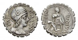 Mn. Aquillius. Denarius serratus circa 71, AR 20mm., 3.94g. VIRTVS – III VIR Helmeted and draped bust of Virtus right. Rev. MN AQVIL – MN·F MN·N Warri...