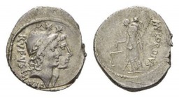 Mn. Cordius Rufus. Denarius circa 46, AR 19.5mm., 3.81g. RVFVS·III·VIR Jugate heads of Dioscuri right, wearing laureate pileii. Rev. MN. CORDIVS Venus...