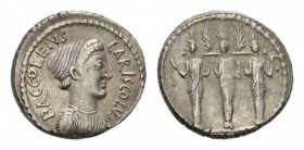 P. Accoleius Lariscolus. Denarius circa 43, AR 18mm., 3.93g. P.ACCOLEIVS – LARISCOLVS Draped bust of Diana Nemorensis right. Rev. Triple cult statue o...