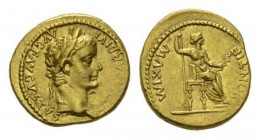 Tiberius, 14-37 Aureus Lugdunum circa 14-37, AV 19.5mm., 7.84g. TI CAESAR DIVI – AVG F AVGVSTVS Laureate head r. Rev. PONTIF MAXIM Pax-Livia figure se...