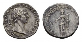 Trajan, 98-117 Denarius circa 108-109, AR 18.5mm., 3.06g. IMP TRAIANO AVG GER DAC P M TR P Laureate head right, with drapery on l. shoulder. Rev. COS ...