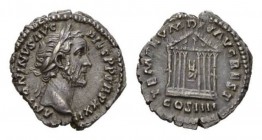 Antoninus Pius, 138-161 Denarius circa 158-159, AR 18mm., 3.29g. ANTONINVS AVG PIVS P P Laureate head right. Rev. TEMPLVM DIV AVG REST COS IIII Octast...