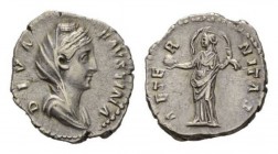 Faustina senior, wife of Antoninus Pius Denarius circa 141, AR 18mm., 3.06g. DIVA FAVSTINA Draped and veiled bust right. Rev. AETERNITAS Providentia s...