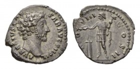 Marcus Aurelius, Caesar 139-161. Denarius circa 153 - 154, AR 18.5mm., 3.21g. AVRELIVS CAESAR AVG PII F Bare head right. Rev. TR POT VIII COS II Geniu...