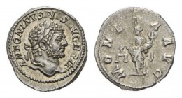 Caracalla, 198-217 Denarius circa 210-213, AR 19mm., 3.26g. ANTONINVS PIVS AVG BRIT Laureate head right. Rev. MONETA AVG Moneta standing left, holding...
