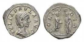 Julia Paula, wife of Elagabalus Denarius circa 219-220, AR 20mm., 3.30g. IVLIA PAVLA AVG Draped bust right. Rev. CONCORDIA Elagabalus and J. Paula sta...
