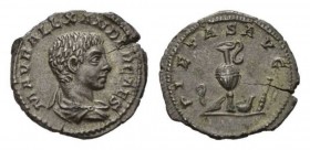 Severus Alexander, as Caesar 221-222 Denarius circa 221-222, AR 20mm., 2.91g. M AVR ALEXANDER CAES Draped bust right. Rev. PIETAS AVG Priestly emblems...
