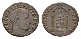 Maxentius, 306-312 Follis Rome circa 210, Æ 24.5mm., 5.59g. IMP C MAXENTIVS P F AVG Laureate head right. Rev. CONSERV VRB SVAE Roma seated l. on shiel...