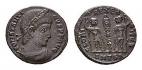 Constantine I, 307-337 Follis Thessalonica circa 336-337, Æ 17mm., 1.77g. CONSTAN-TINVS P F AVG Laureate and cuirassed bust right. Rev. GLORIA EXERCIT...