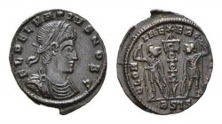 Delmatius caesar, 335-337 Follis Siscia circa 336-337, Æ 16mm., 1.31g. FL DELMATIVS NOB C Laureate, draped and cuirassed bust right. Rev. GLORIA EXERC...