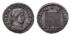 Constantine II Caesar, 317-337 Follis Siscia circa 324-325, Æ 18.5mm., 3.05g. CONSTANTIVS NOB C Laureate bust right. Rev. PROVIDENTIAE CAESS Campgate;...