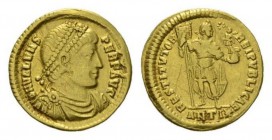 Valens, 364-378 Solidus Antioch circa 364-367, AV 21mm., 4.24g. Pearl-diademed, draped and cuirassed bust r. Rev. Emperor standing facing, head r., ho...