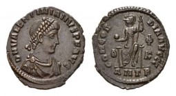 Valentinian II, 375-392 Æ3 circa 378-383, Æ 18.5mm., 2.20g. DN VALENTINIANVS PF AVG Diademed, draped and cuirassed bust right. Rev. CONCORDIA AVGGG Ro...
