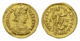 Honorius, 393-423 Solidus Ravenna circa 408-422, AV 21mm., 4.44g. D N HONORI – VS P F AVG Pearl-diademed, draped and cuirassed bust r. Rev. VICTORI – ...