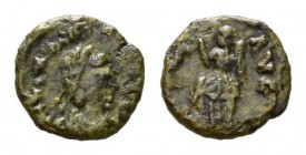 Majorian, 457-461 Æ4 Mediolanum circa 457-461, Æ 13mm., 1.28g. D N IVL MAIRIANVS P F AVG Pearl-diademed and draped bust right. Rev. VICTORIA– AVGGG Vi...