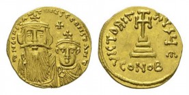 Constans II, 641 – 15 July 678, 641-678 Solidus 654-659, AV 20mm., 4.40g. dN CONSTAN – TINYS CCONSTANT Facing busts of Constans on l. and Constantine ...