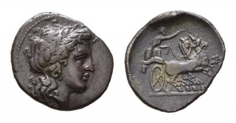 Campania, Neapolis Triobol circa 300-275, AR 14.5mm., 1.39g. Laureate head of Ap...