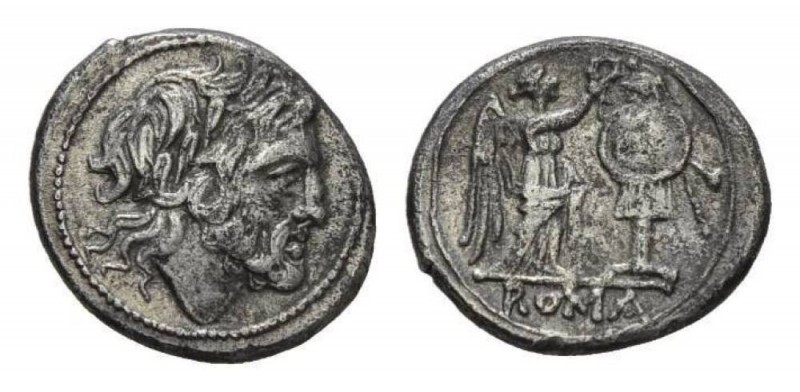 Victoriatus circa after 218, AR 18mm., 2.94g. Laureate head of Jupiter right. Re...