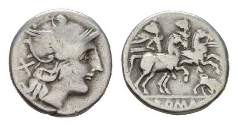 Butting bull Denarius circa 206-195, AR 17.5mm., 3.71g. Helmeted head of Roma ri...