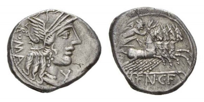 M. Fannius C.f. Denarius circa 123, AR 19.5mm., 3.73g. Helmeted head of Roma rig...