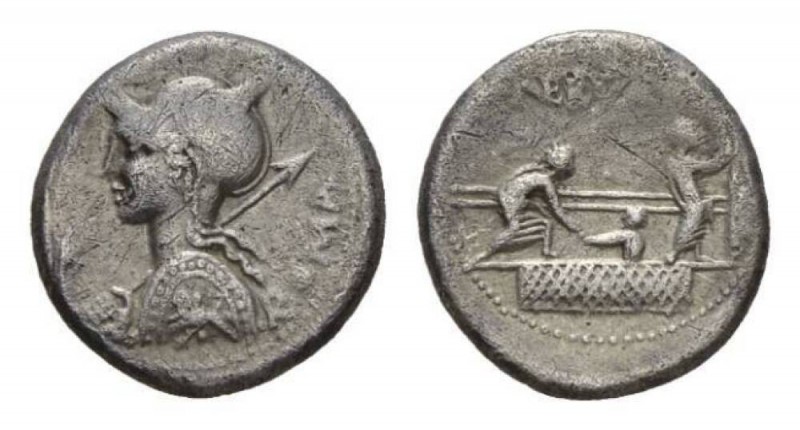 P. Licinius Nerva. Denarius circa 113 or 112, AR 17mm., 3.69g. Helmeted bust of ...