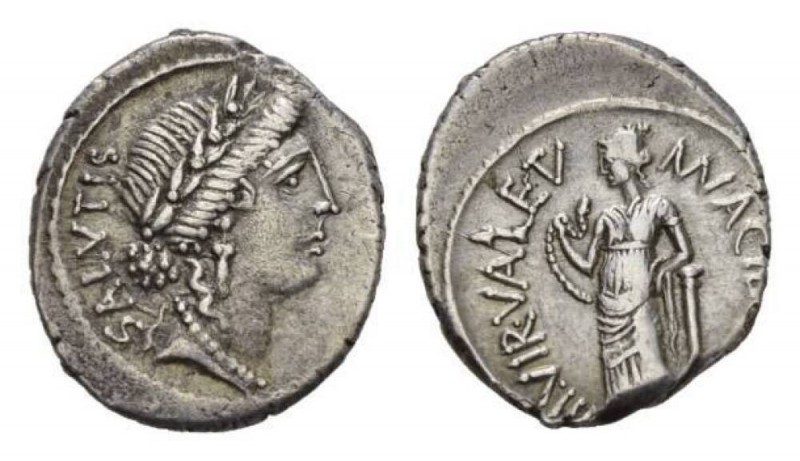 Mn. Acilius Glabrio Denarius circa 49, AR 18mm., 3.76g. SALVTIS Laureate head of...