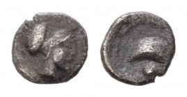 Campania, Cumae Obol circa 475-455, AR 9.5mm., 0.88g. Helmeted head of Athena right. Rev. Mussel shell, KY (retrograde) above. Historia Numorum Italy ...