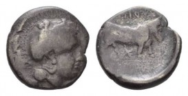 Campania, Hyria Nomos circa 405-400, AR 19.5mm., 6.88g. Head of Athena left, wearing crested Attic helmet decorated with wreath and owl. Rev. Man-head...