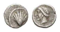 Calabria, Tarentum Litra circa 470-450, AR 10mm., 0.77g. Shell. Rev. Female head facing left, wearing earring. SNG France 1636. Vlasto 1158. Historia ...