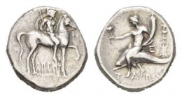 Calabria, Tarentum Nomos circa 272-240, AR 19.5mm., 6.26g. Horseman advancing right, holding shield and spear; below, |-HPAKΛHTOΣ, in field r., ΦI, Re...