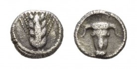 Lucania, Metapontum Obol crca 440-430, AR 8mm., 0.36g. Grain ear. Rev. Boukranion. Noe 346. Historia Numorum Italy 1500.

Very fine.

 



Thi...