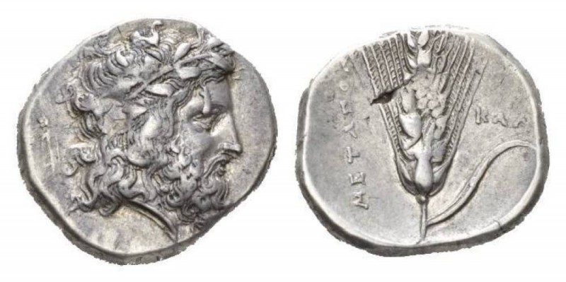 Lucania, Metapontum Nomos 340-330, AR 23mm., 7.83g. Laureate head of Zeus to rig...