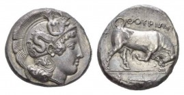 Lucania, Thurium Dinomos circa 410-400, AR 27mm., 15.32g. Head of Athena right, wearing crested Attic helmet decorated with Scylla scanning and neck g...