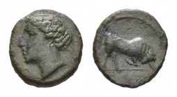 Sicily, Aluntium Bronze late 4th century, Æ 12mm., 1.31g. Head of nynph left. Rev. Bull butting right, in exergue, A. Campana 10 var. Calciati 5 var. ...