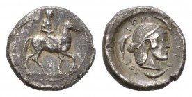 Sicily, Syracuse Didrachm circa 480, AR 21.5mm., 8.15g. Rider on pacing horse right. Rev. ΣVRA–KOΣ–ION Diademed head of Arethusa right; around, three ...